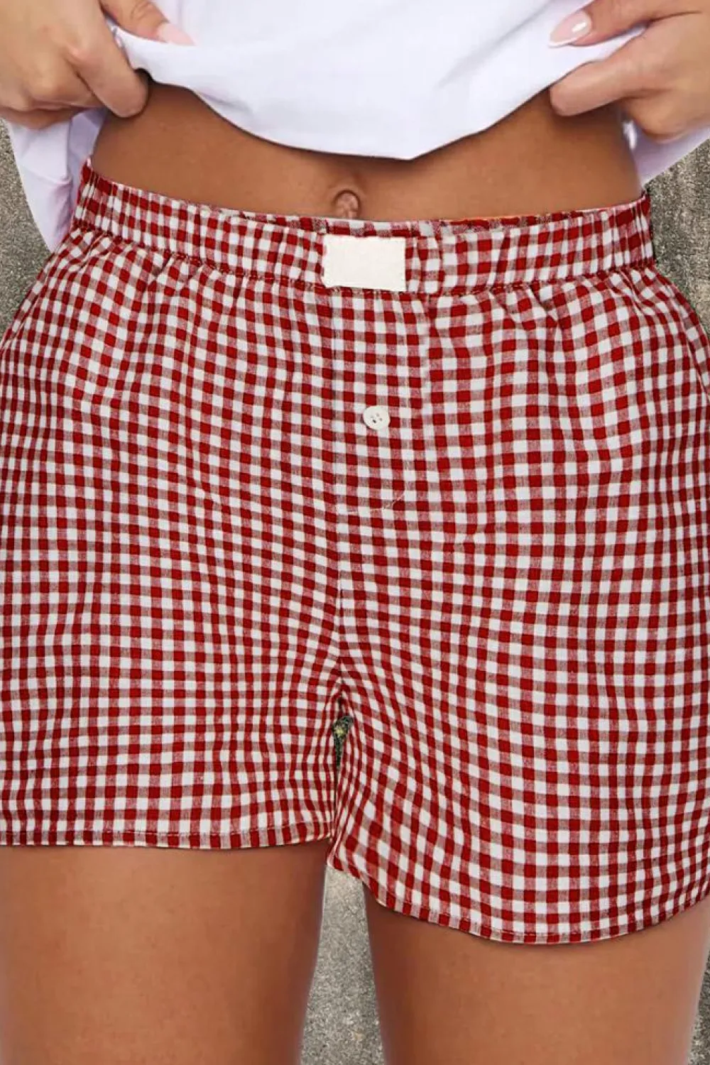 Online Dear-Lover Red Plaid Gingham Printed High Waist Shorts Red Stripe