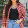 Hot Dear-Lover Plaid Long Sleeeve Side Split Distressed Hem Shirt Red
