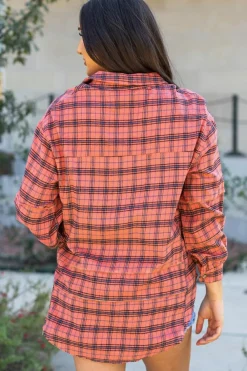 Hot Dear-Lover Plaid Long Sleeeve Side Split Distressed Hem Shirt Red