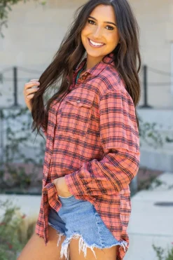 Hot Dear-Lover Plaid Long Sleeeve Side Split Distressed Hem Shirt Red