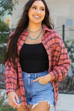Hot Dear-Lover Plaid Long Sleeeve Side Split Distressed Hem Shirt Red