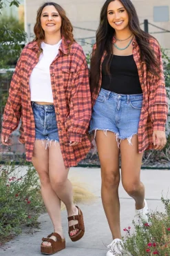 Hot Dear-Lover Plaid Long Sleeeve Side Split Distressed Hem Shirt Red