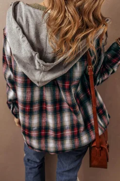 Outlet Dear-Lover Plaid Print Chest Pocket Buttoned Hooded Shacket Red
