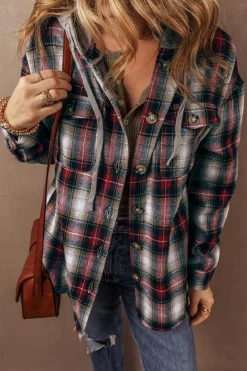 Outlet Dear-Lover Plaid Print Chest Pocket Buttoned Hooded Shacket Red
