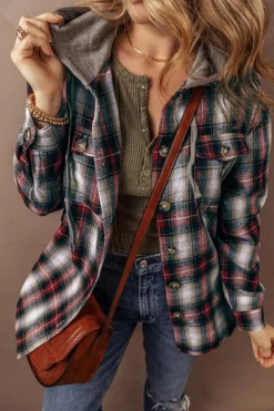 Outlet Dear-Lover Plaid Print Chest Pocket Buttoned Hooded Shacket Red