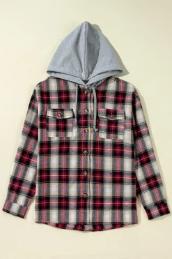 Outlet Dear-Lover Plaid Print Chest Pocket Buttoned Hooded Shacket Red