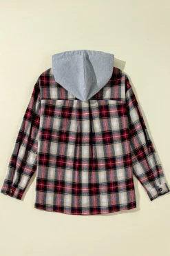 Outlet Dear-Lover Plaid Print Chest Pocket Buttoned Hooded Shacket Red