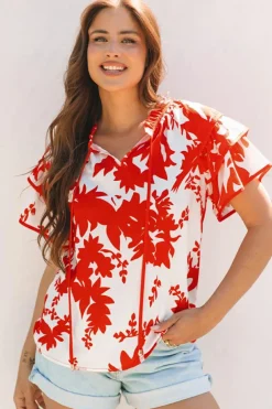 Outlet Dear-Lover Plant Print Tie Ruffled Sleeve V Neck Blouse Red