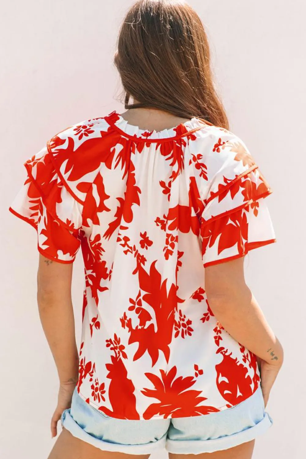 Outlet Dear-Lover Plant Print Tie Ruffled Sleeve V Neck Blouse Red