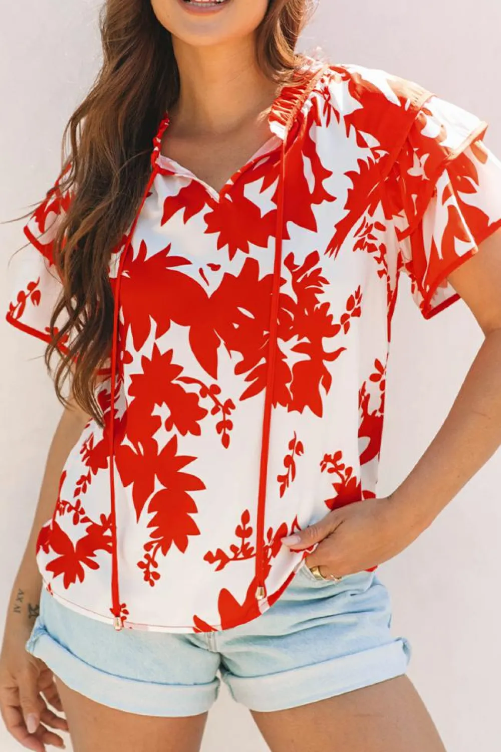 Outlet Dear-Lover Plant Print Tie Ruffled Sleeve V Neck Blouse Red