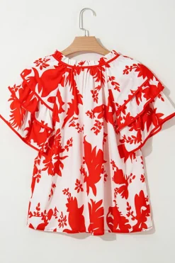Outlet Dear-Lover Plant Print Tie Ruffled Sleeve V Neck Blouse Red