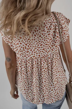 Sale Dear-Lover Printed Embroidery Detail Tie Split Neck Blouse Red