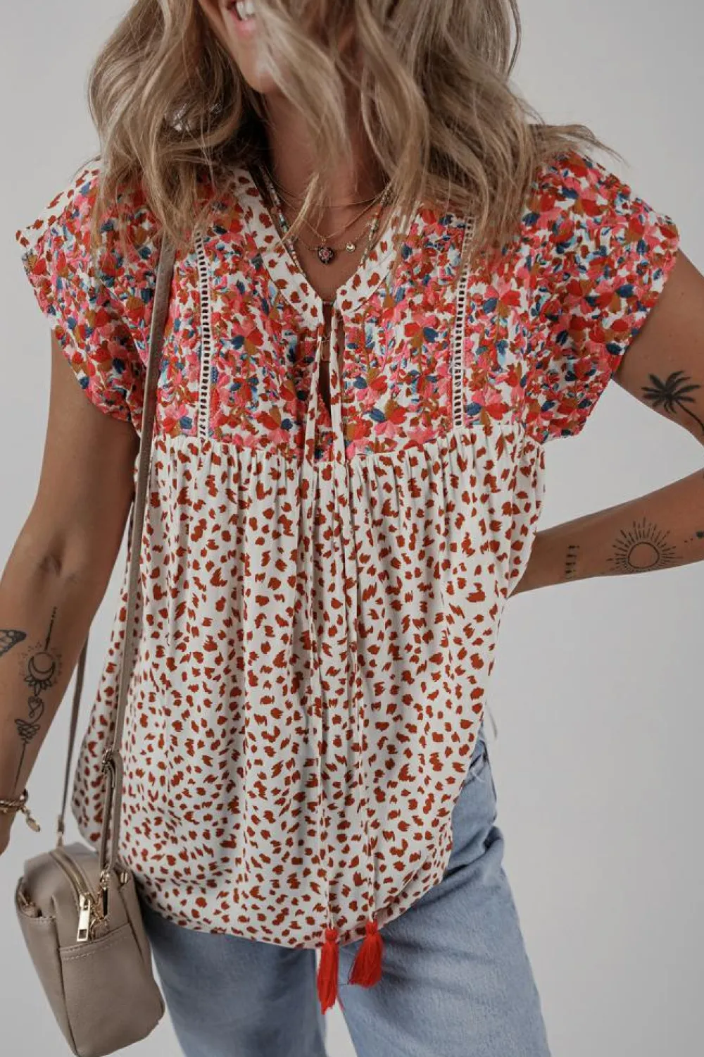 Sale Dear-Lover Printed Embroidery Detail Tie Split Neck Blouse Red