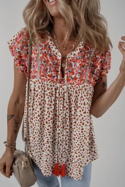 Sale Dear-Lover Printed Embroidery Detail Tie Split Neck Blouse Red