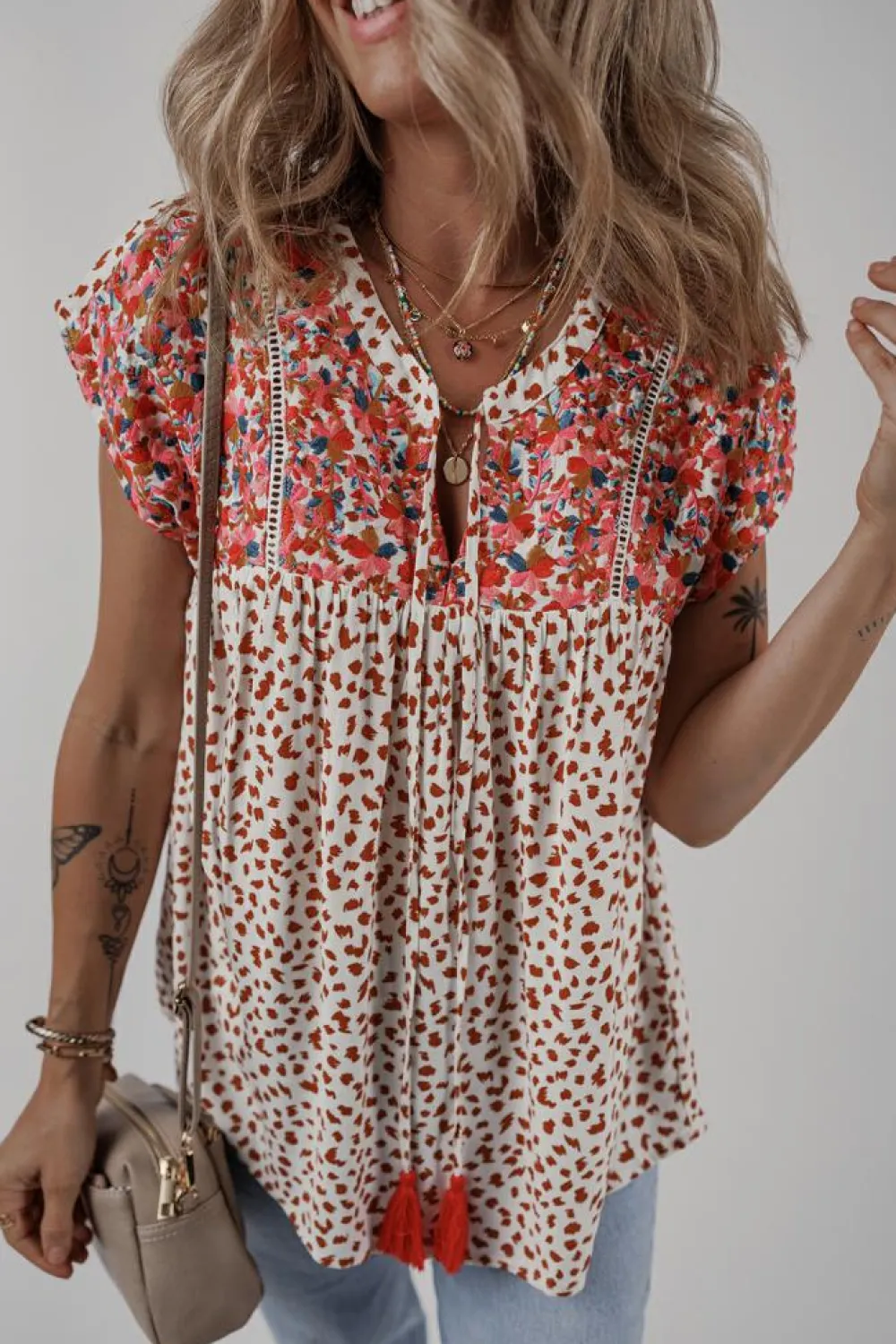 Sale Dear-Lover Printed Embroidery Detail Tie Split Neck Blouse Red