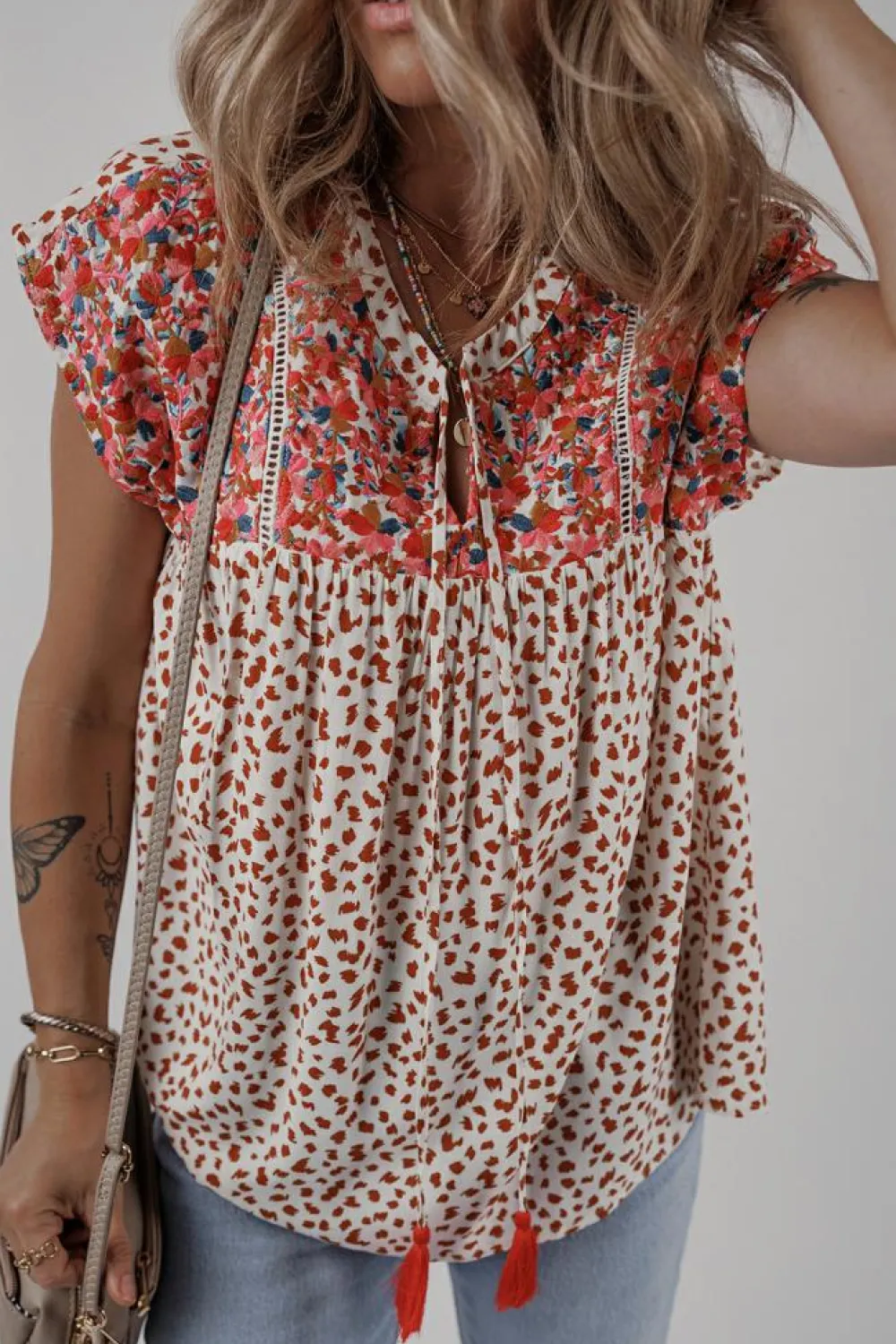 Sale Dear-Lover Printed Embroidery Detail Tie Split Neck Blouse Red