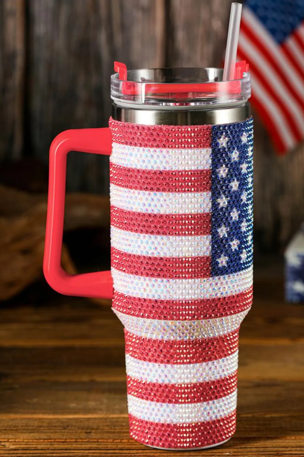 Outlet Dear-Lover Rhinestone American Flag Print Handled 40oz Thermos Tumbler Red