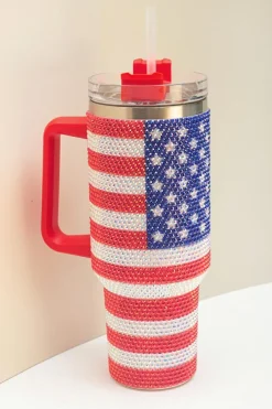 Outlet Dear-Lover Rhinestone American Flag Print Handled 40oz Thermos Tumbler Red