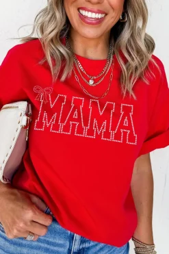 Outlet Dear-Lover Red Rhinestone MAMA Bow Knot Pattern Crew Neck Loose Tee Red-2