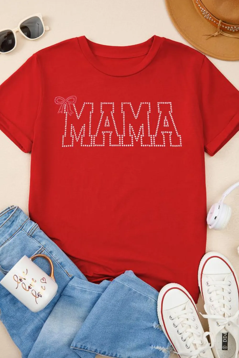 Outlet Dear-Lover Red Rhinestone MAMA Bow Knot Pattern Crew Neck Loose Tee Red-2