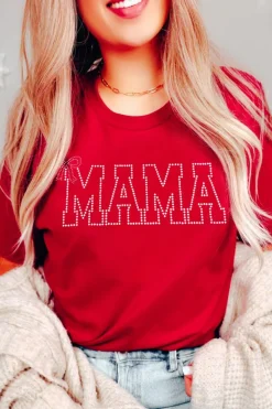 Outlet Dear-Lover Red Rhinestone MAMA Bow Knot Pattern Crew Neck Loose Tee Red-2