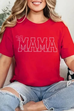 Outlet Dear-Lover Red Rhinestone MAMA Bow Knot Pattern Crew Neck Loose Tee Red-2