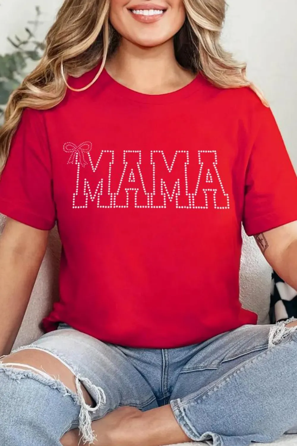 Outlet Dear-Lover Red Rhinestone MAMA Bow Knot Pattern Crew Neck Loose Tee Red-2
