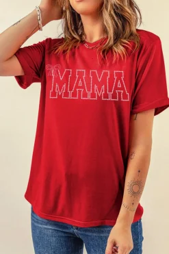Outlet Dear-Lover Red Rhinestone MAMA Bow Knot Pattern Crew Neck Loose Tee Red-2