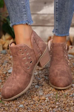 Sale Dear-Lover Cut Out Suede Pointed Toe Heeled Ankle Boots Red Sandalwood