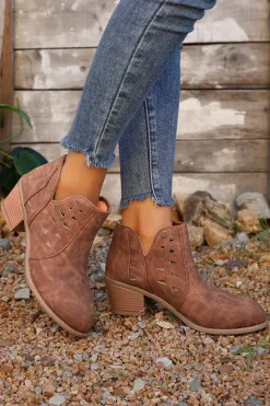 Sale Dear-Lover Cut Out Suede Pointed Toe Heeled Ankle Boots Red Sandalwood