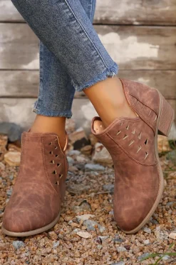 Sale Dear-Lover Cut Out Suede Pointed Toe Heeled Ankle Boots Red Sandalwood