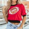 Clearance Dear-Lover Sequin Rugby Color Block Puff Short Sleeve Sweater Red