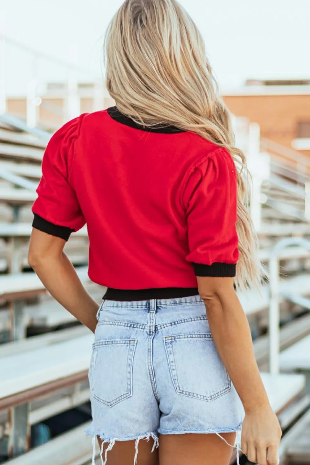 Clearance Dear-Lover Sequin Rugby Color Block Puff Short Sleeve Sweater Red