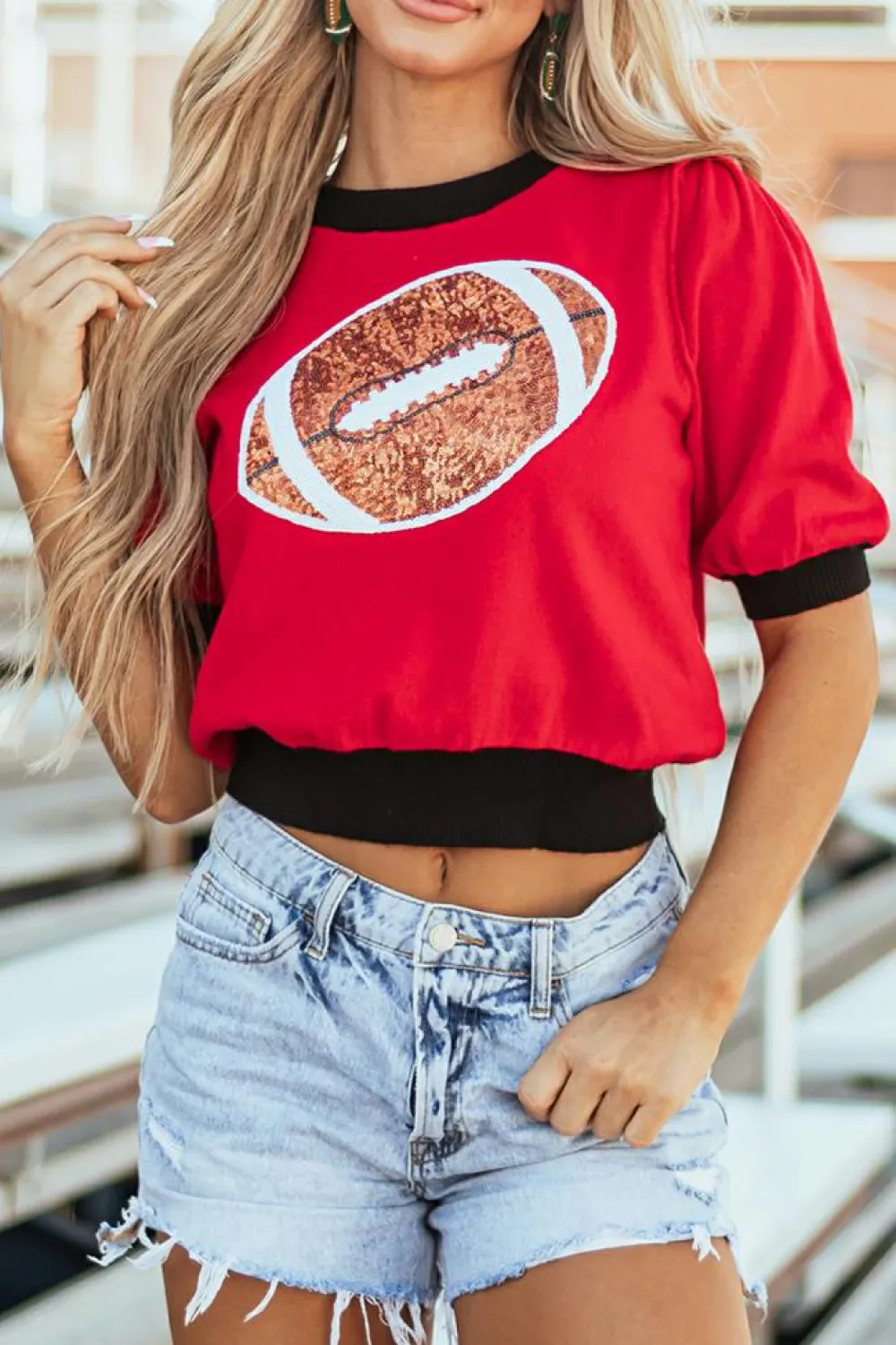 Clearance Dear-Lover Sequin Rugby Color Block Puff Short Sleeve Sweater Red