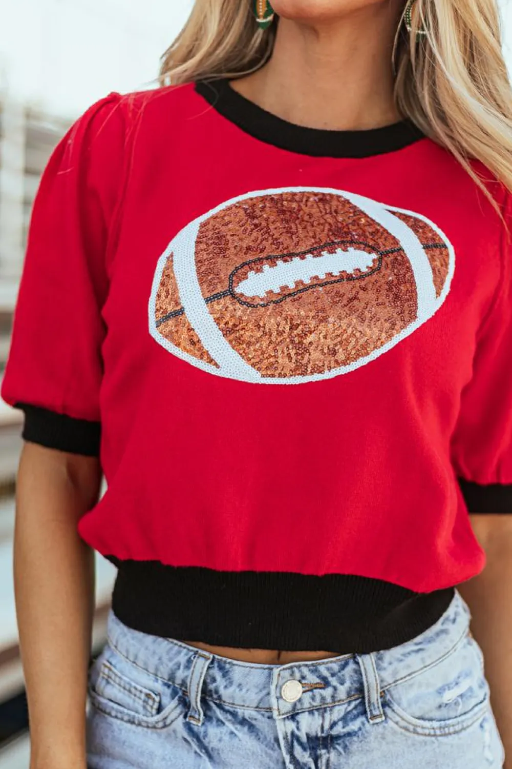 Clearance Dear-Lover Sequin Rugby Color Block Puff Short Sleeve Sweater Red