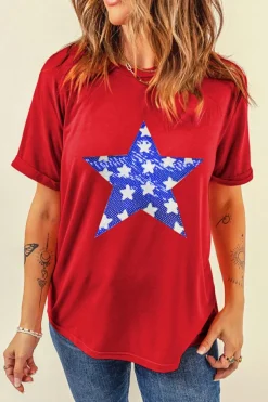 Fashion Dear-Lover Red Sequin Star Graphic Crewneck T Shirt Red-2