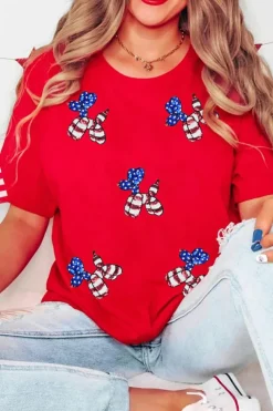 Fashion Dear-Lover Red Sequin Stars and Stripes Balloon Puppy Graphic Crewneck Tee Red-2