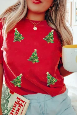 Best Dear-Lover Red Sequined Christmas Tree Graphic Crewneck T Shirt Red-2