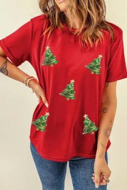 Best Dear-Lover Red Sequined Christmas Tree Graphic Crewneck T Shirt Red-2