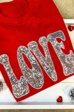 Fashion Dear-Lover Red Sequined LOVE Letter Valentines T-shirt Red-2