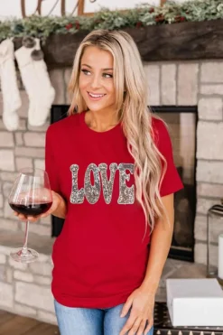 Fashion Dear-Lover Red Sequined LOVE Letter Valentines T-shirt Red-2