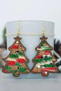 Clearance Dear-Lover Red Shade Of Leopard Plaid Christmas Tree Earrings Fiery Red