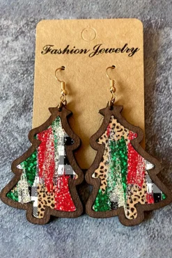 Clearance Dear-Lover Red Shade Of Leopard Plaid Christmas Tree Earrings Fiery Red