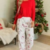 Hot Dear-Lover Solid Top and Christmas Pants Two Piece Lounge Set Red