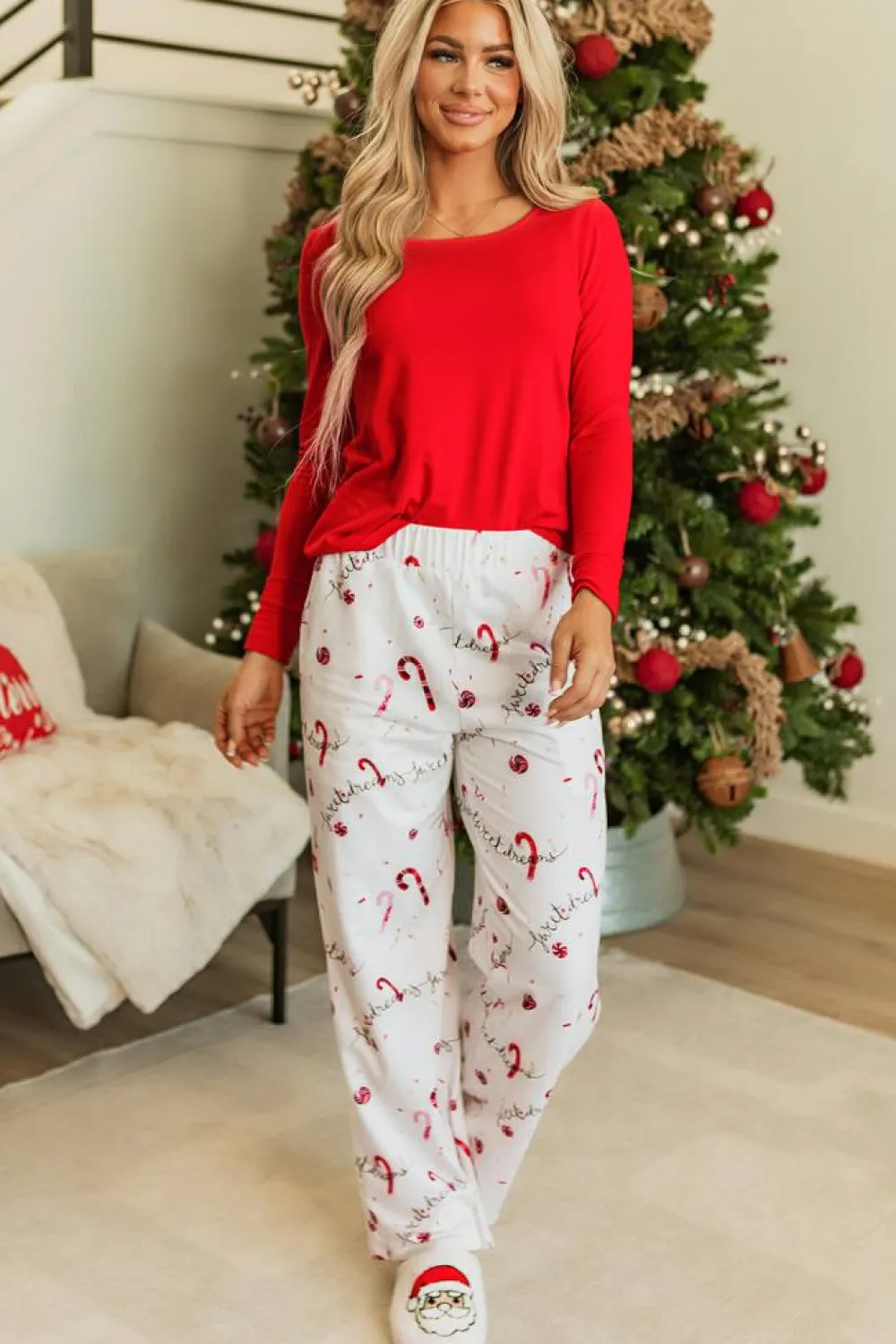 Hot Dear-Lover Solid Top and Christmas Pants Two Piece Lounge Set Red