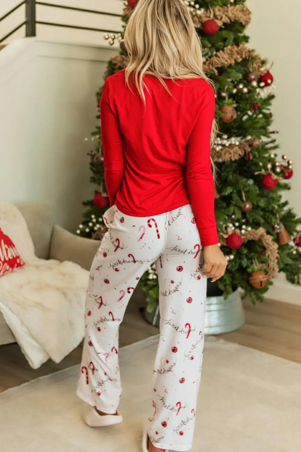 Hot Dear-Lover Solid Top and Christmas Pants Two Piece Lounge Set Red