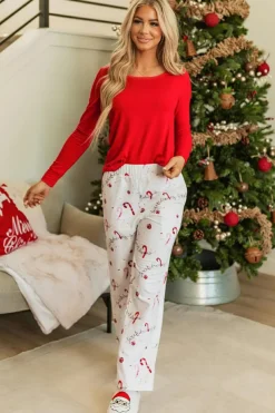Hot Dear-Lover Solid Top and Christmas Pants Two Piece Lounge Set Red
