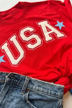 Sale Dear-Lover Red Star USA Print Crewneck Patriotic T Shirt Red-2