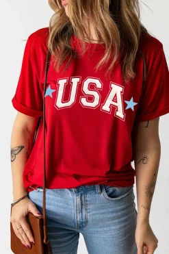 Sale Dear-Lover Red Star USA Print Crewneck Patriotic T Shirt Red-2