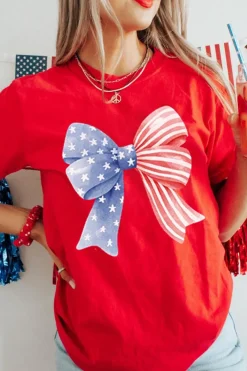 Clearance Dear-Lover Red Stars and Stripes Bow Print Independence Day T Shirt Red-2